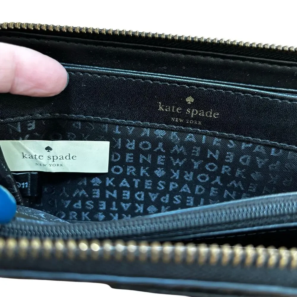 Kate spade new york black quilted leather zip around wallet designer clutch